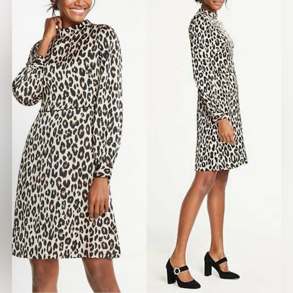 Ann Taylor Black Animal / Cheetah Print Long Sleeve Dress